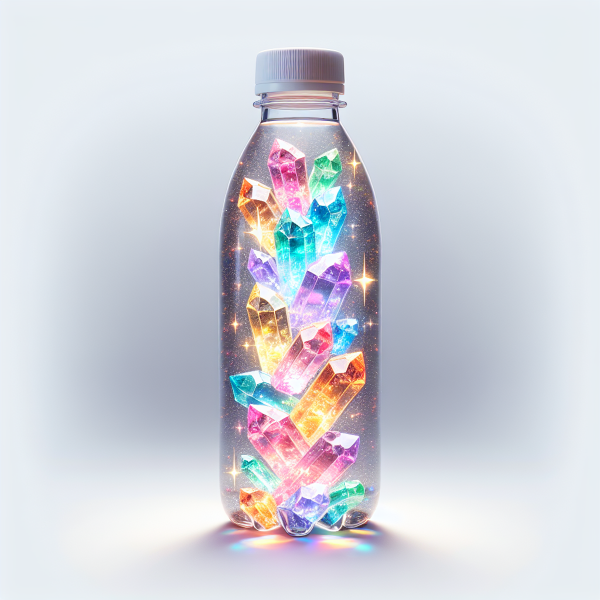 A water bottle with vibrant, shimmering crystals inside, emanating positive energy.