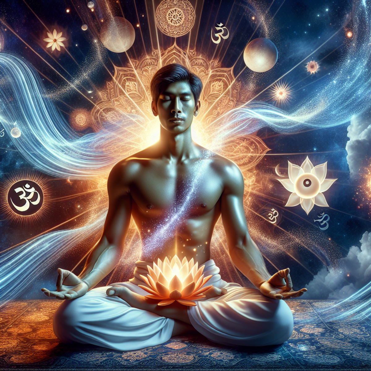 A South Asian man sits in meditation, surrounded by celestial light, lotus flowers, Om symbols, and a Yin-Yang. Ethereal waves suggest spiritual energ