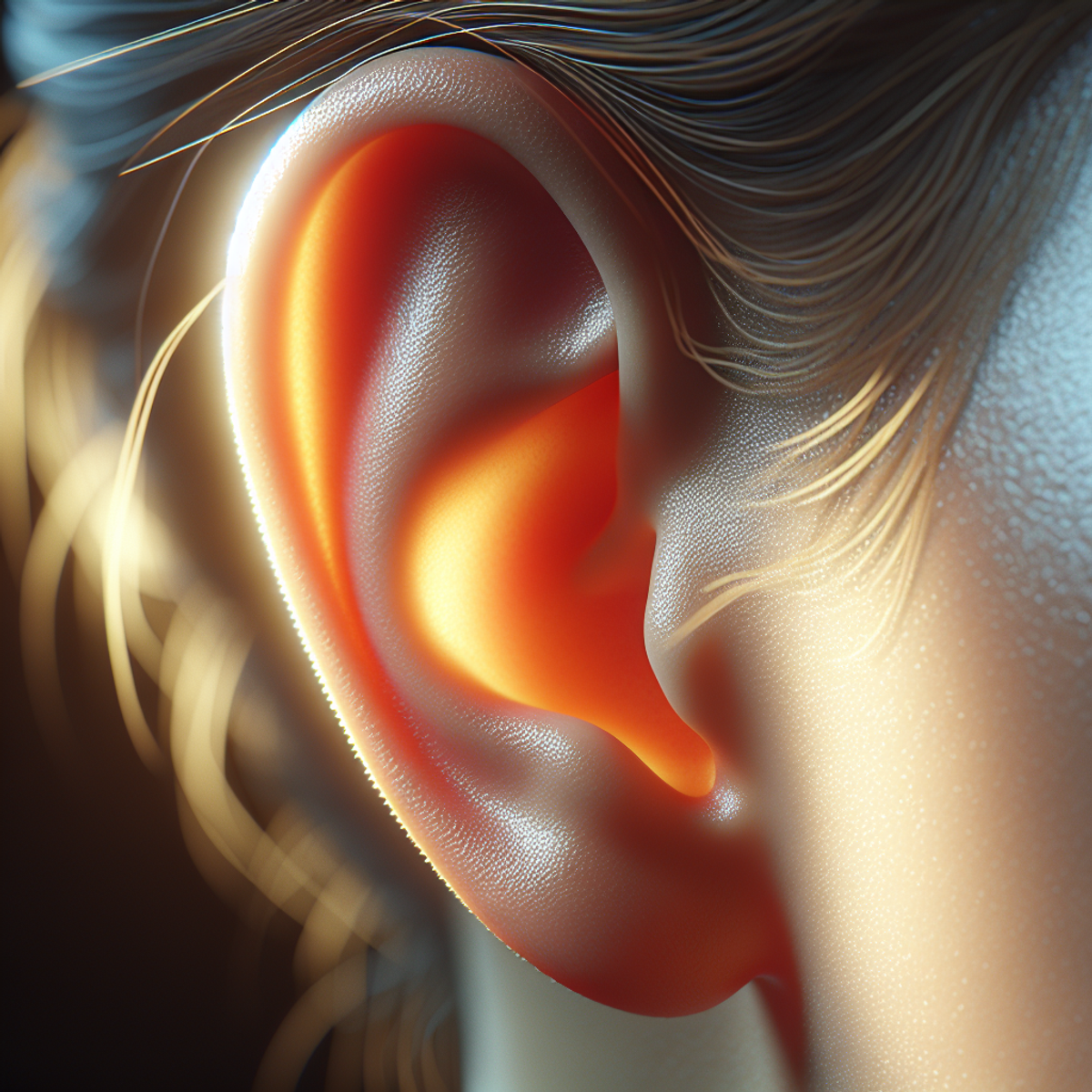 Close-up of a human ear bathed in gentle, soothing light.