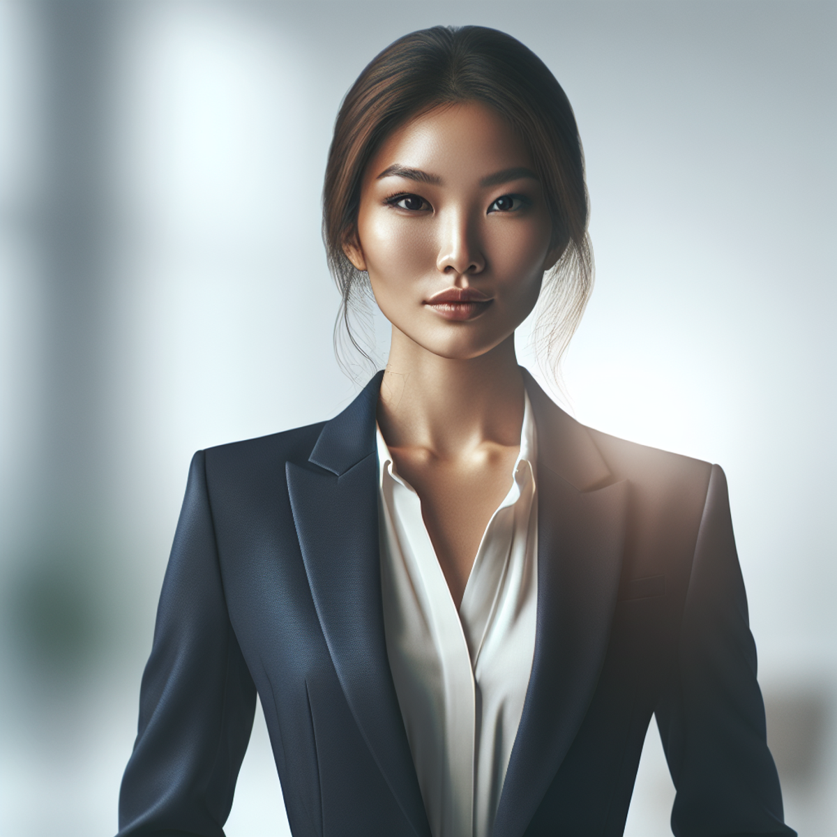 Confident Asian businesswoman with intense eye contact and polished suit.