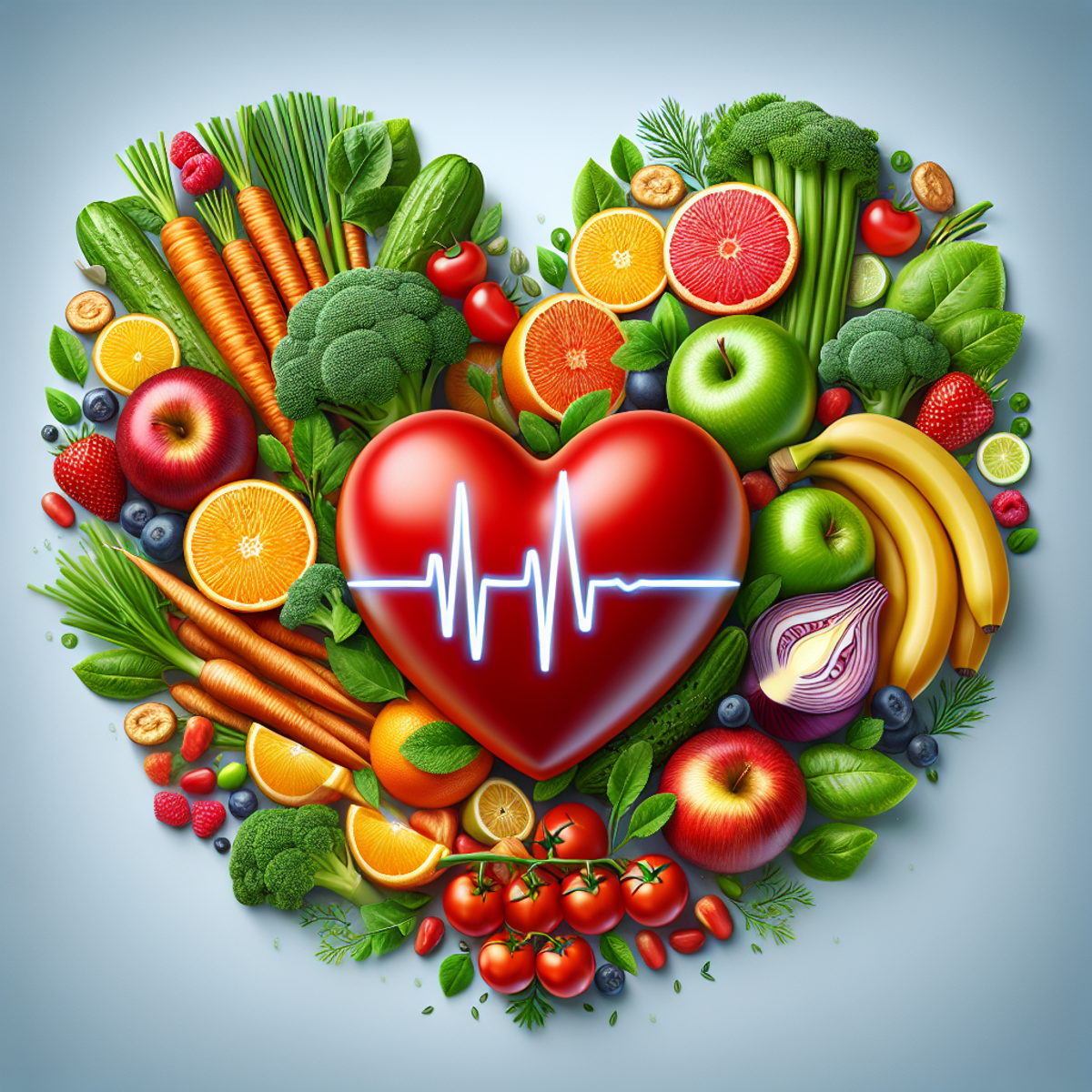 A heart-shaped shield in vibrant colors, surrounded by an abundance of natural ingredients such as apples, oranges, bananas, carrots, leafy greens, an