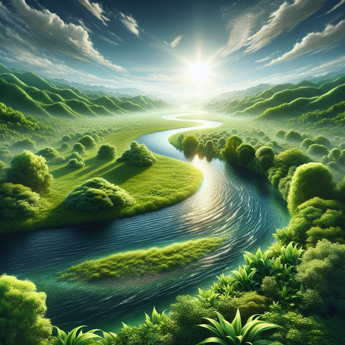 A serene river flowing through lush green landscape on a sunny day.