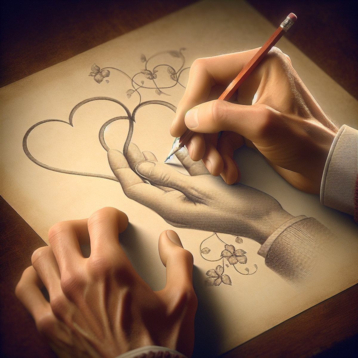 Hands delicately holding a pencil and drawing intertwined hearts.