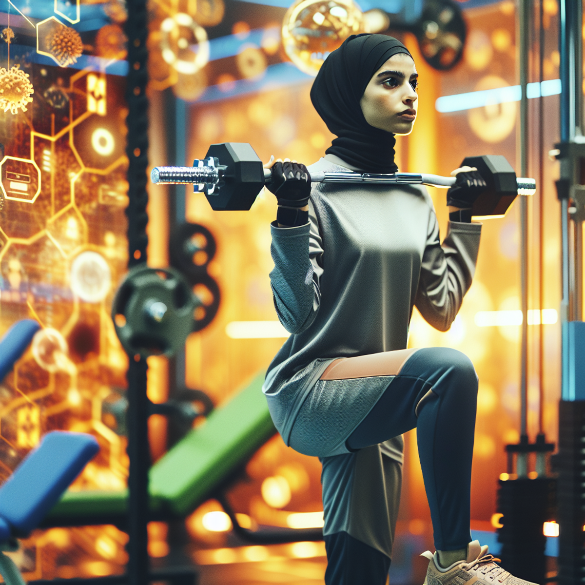 A Middle-Eastern woman in sportswear lifting dumbbells in a gym environment to promote bone density and strength.