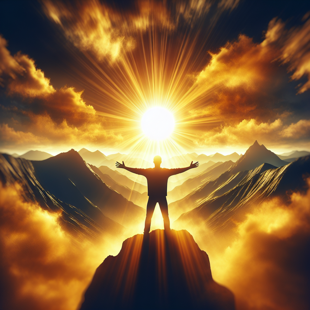 A person standing triumphantly on a mountain peak with arms outstretched, surrounded by golden light.