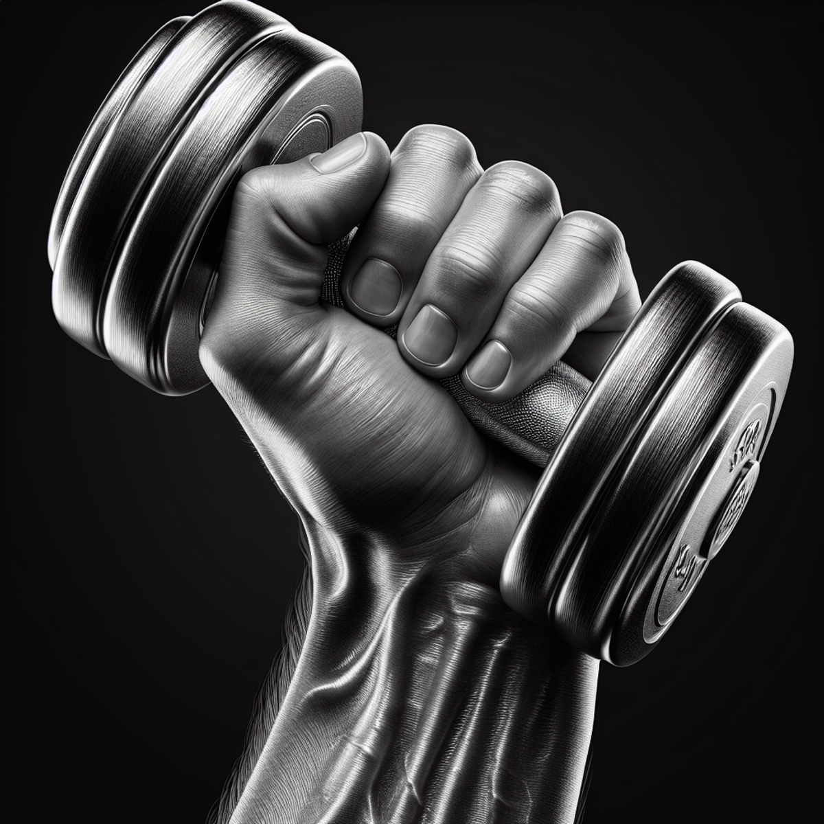 A hand holding a dumbbell with a focus on the details of the skin and the metallic weight.