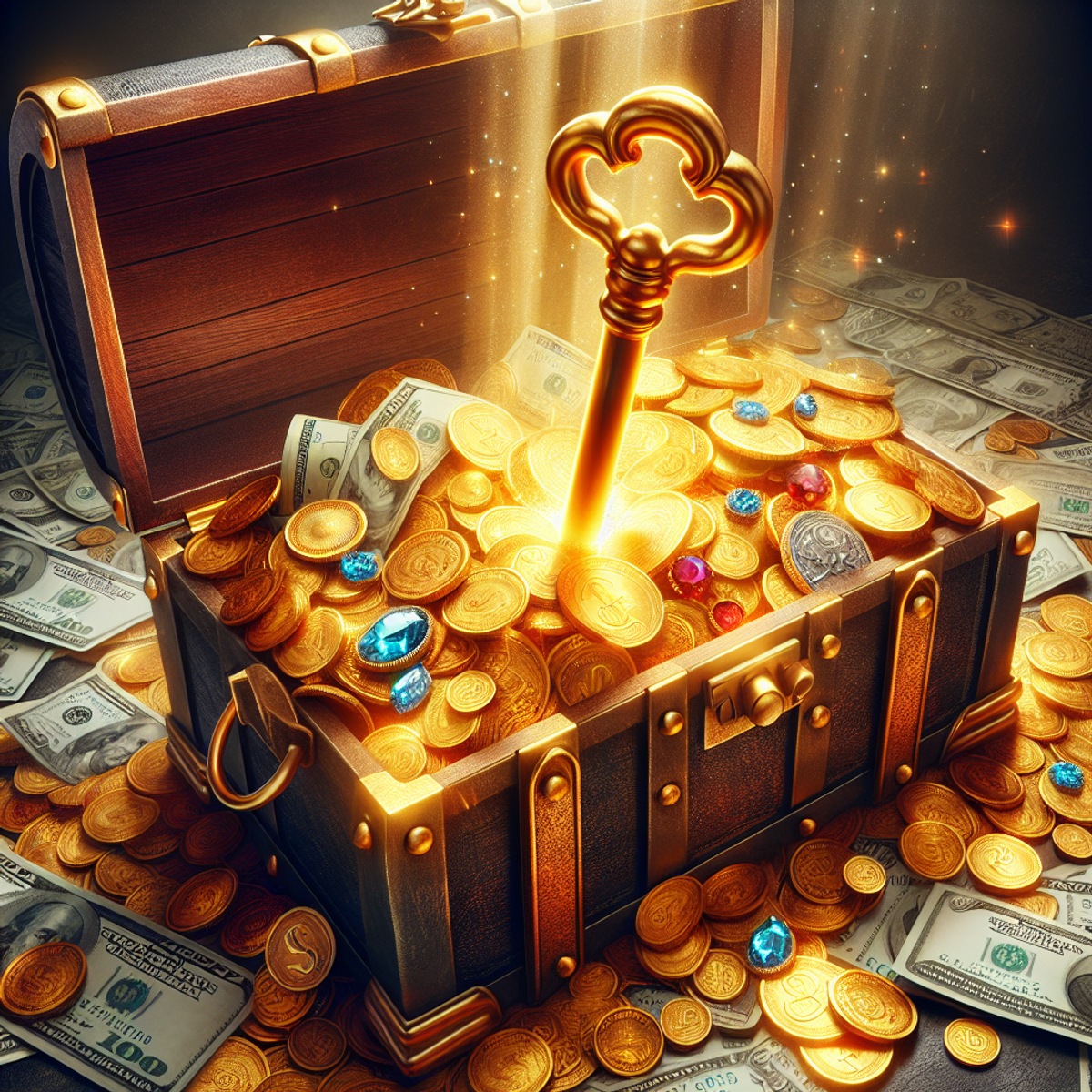 A golden key unlocks a treasure chest overflowing with gold coins, paper money, and gemstones, symbolizing wealth and success.