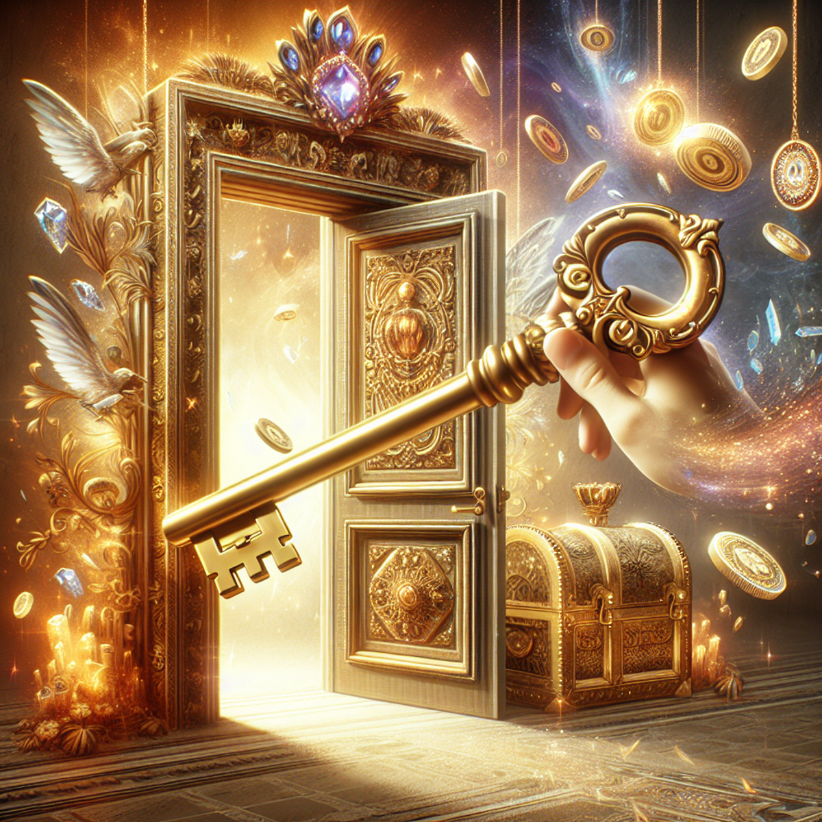 An ornate golden key unlocking a luxurious door adorned with jewels and opulent embellishments, revealing symbols of abundant wealth inside.