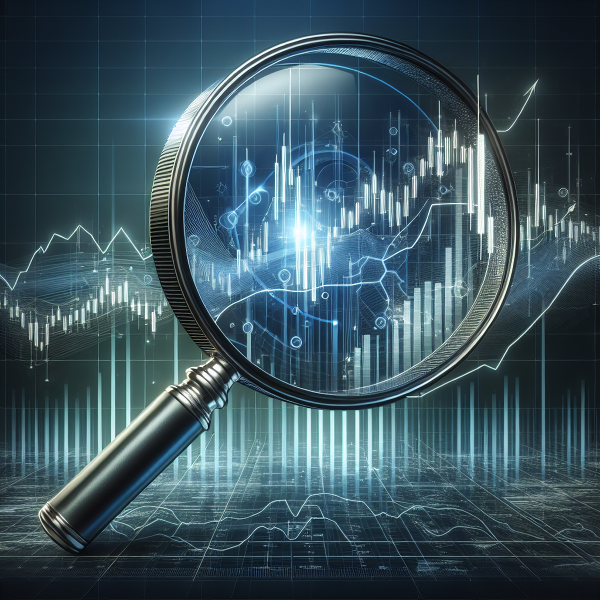 A large, clear magnifying glass hovers over a complex stock market graph, symbolizing scrutiny and analysis associated with VIP Indicators. The detail