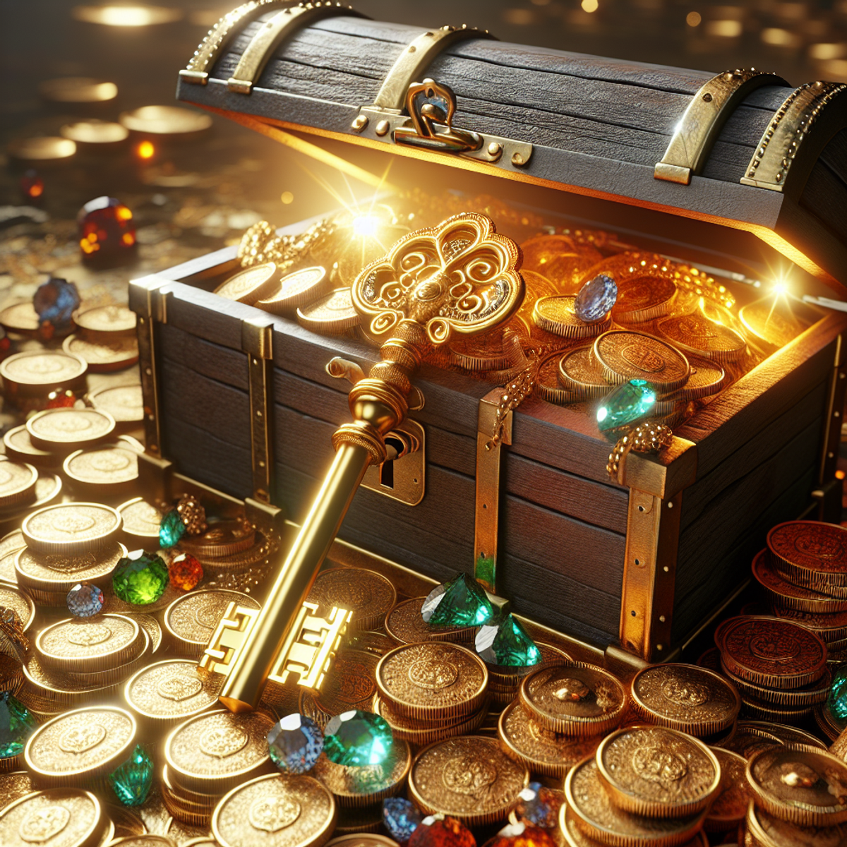 A golden key turning to unlock a dark wooden treasure chest, with light spilling out and illuminating coins, jewels, and riches.