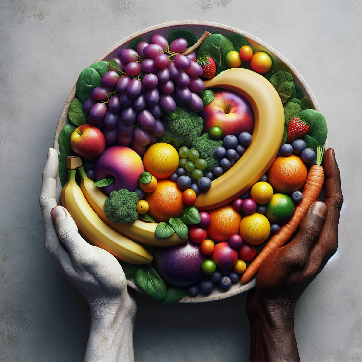 A pair of multi-racial human hands gently holding a plate teeming with fruits and vegetables.