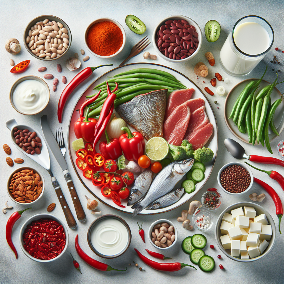 A plate of nutrient-rich, fat-burning foods including chili peppers, lean meat, fish, beans, and low-fat dairy products.