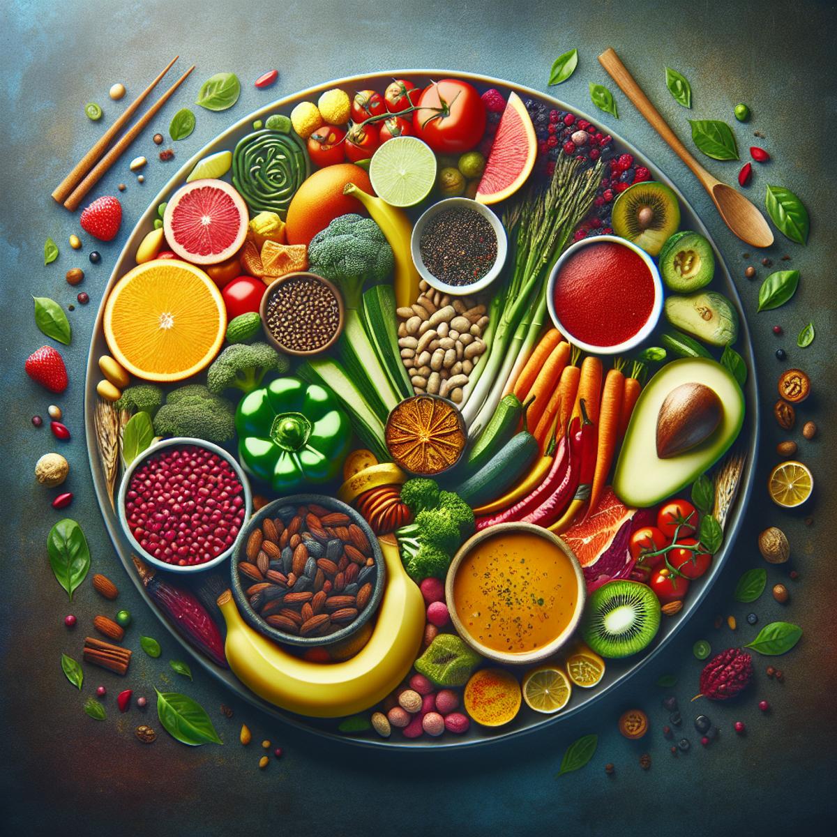 A plate filled with colorful fruits, vegetables, and grains arranged in an appealing and vibrant manner.