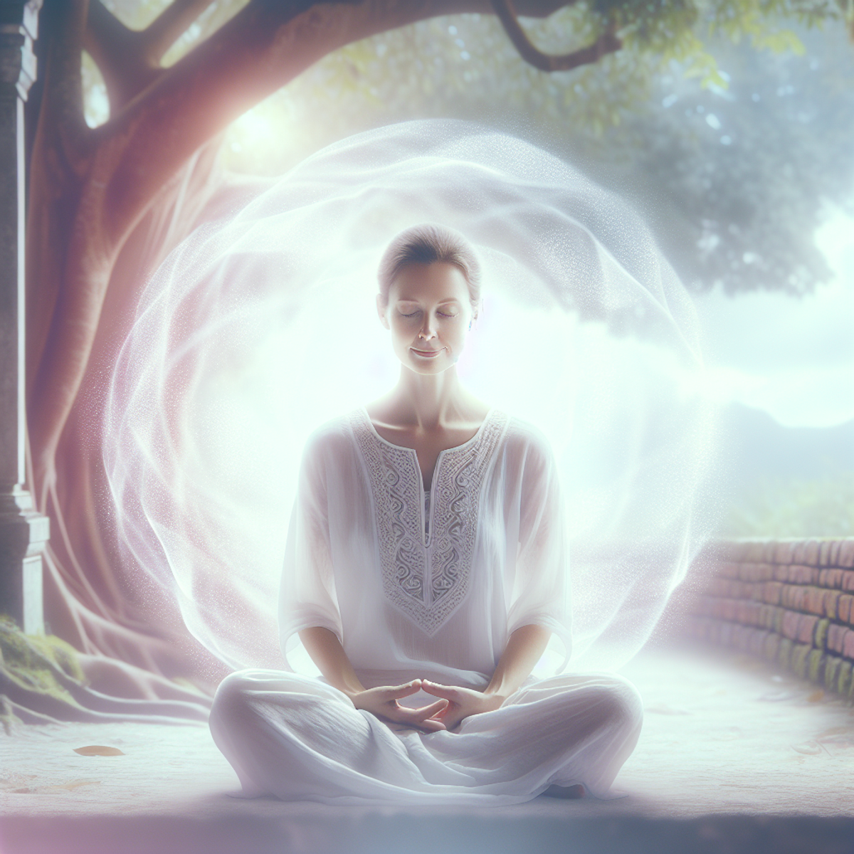 A serene image of a Caucasian woman peacefully sitting in meditation, surrounded by a soft, ethereal glow of light, symbolizing her deep connection wi