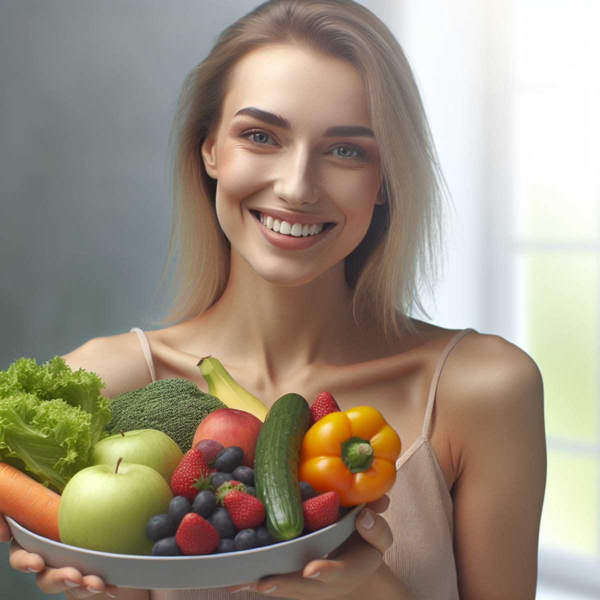 A woman happily holding a plate of fresh fruits and vegetables.