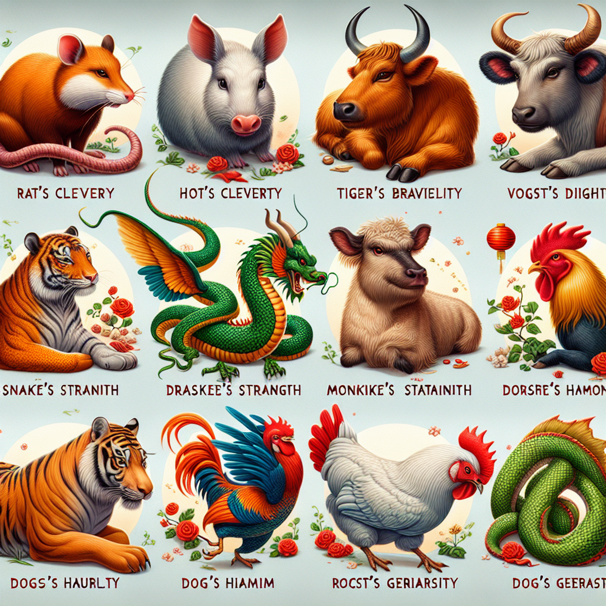 Chinese Zodiac animals in vibrant colors and unique poses.