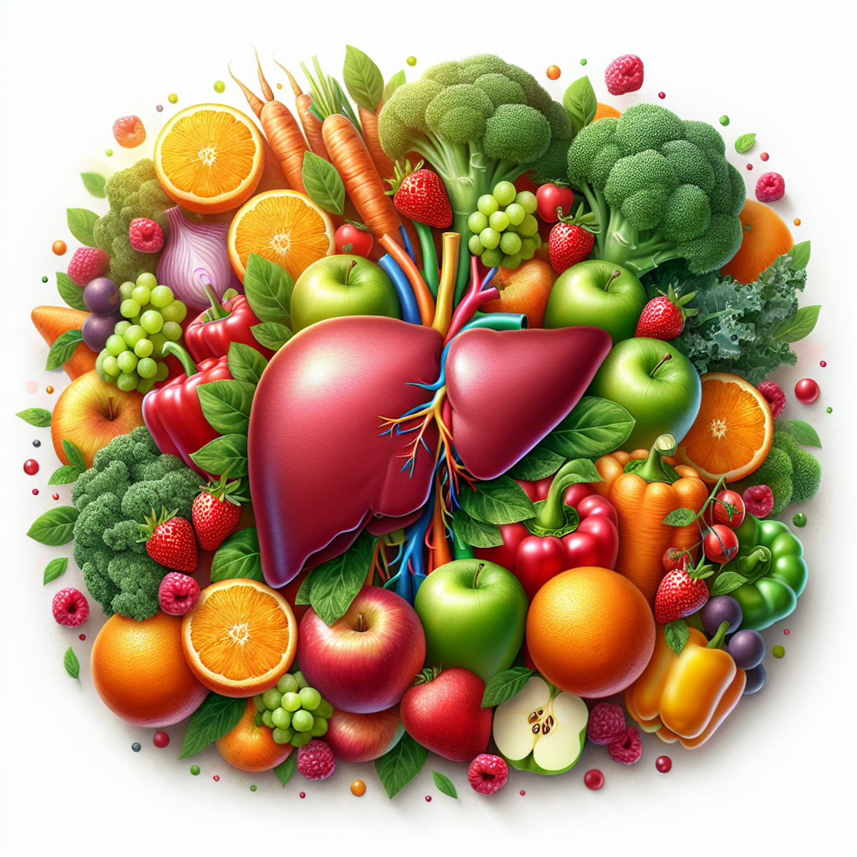 A healthy liver surrounded by vibrant fruits and vegetables.