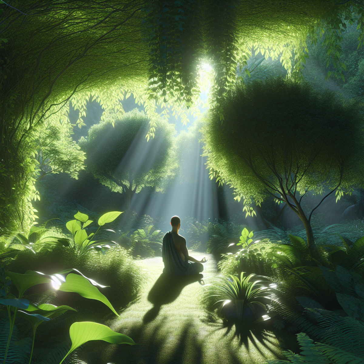 A person sitting peacefully in a lush green forest with sunlight filtering through the leaves.