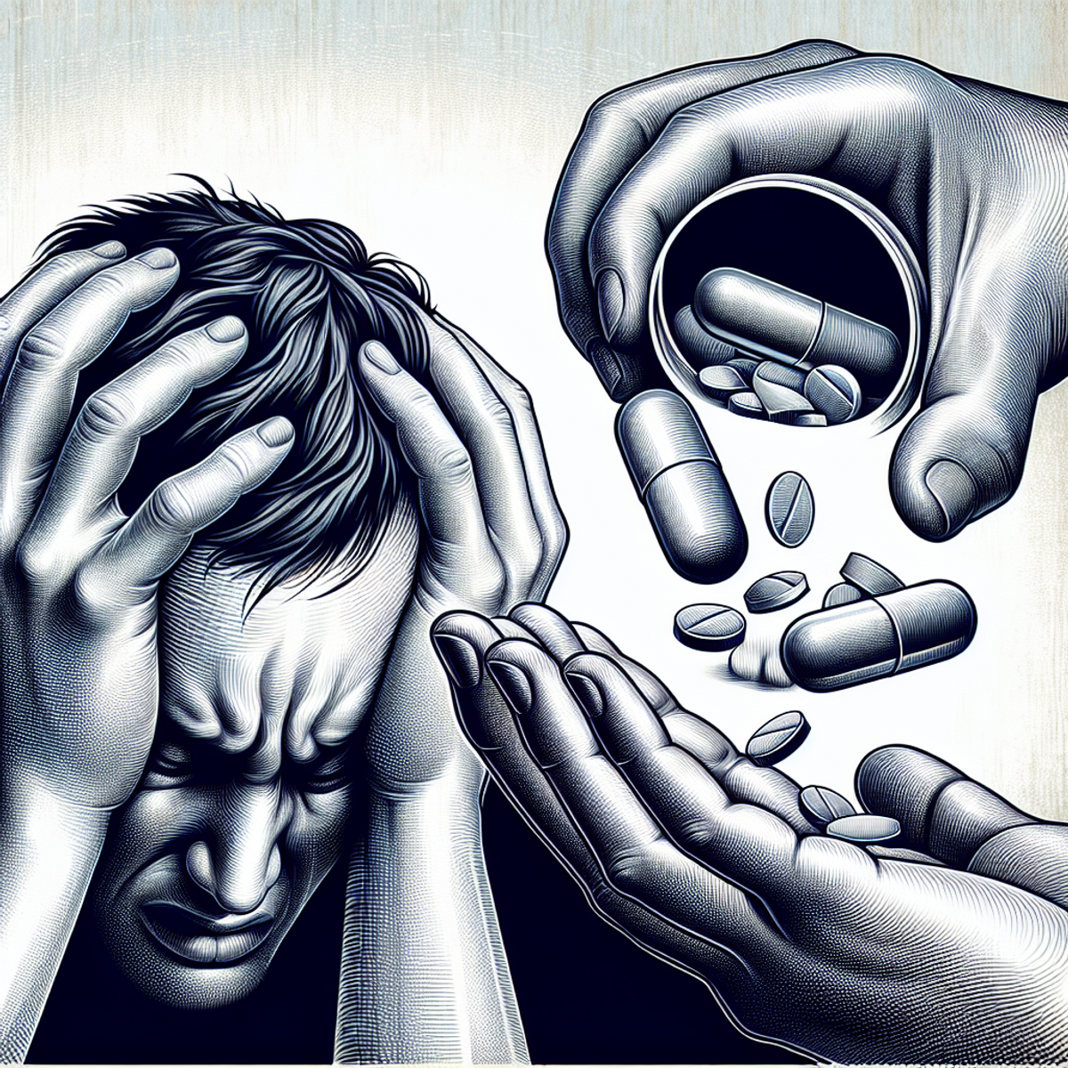 A person holding their head in pain while receiving a pill for relief.