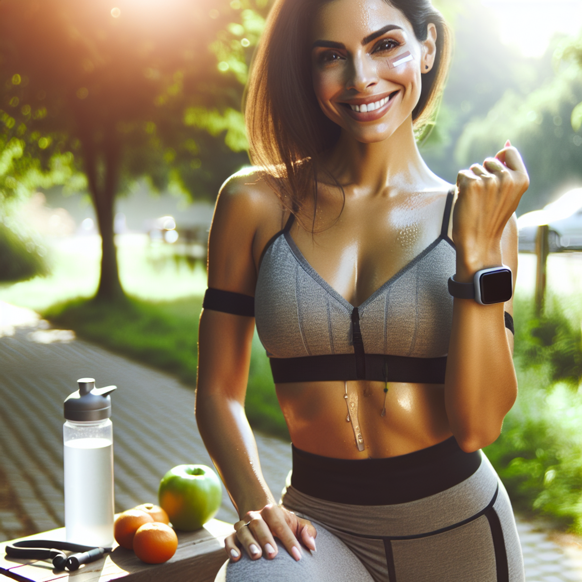 A confident Hispanic woman in workout gear exercises in a park, surrounded by symbols of her health journey such as a water bottle, fruits, and a fitn