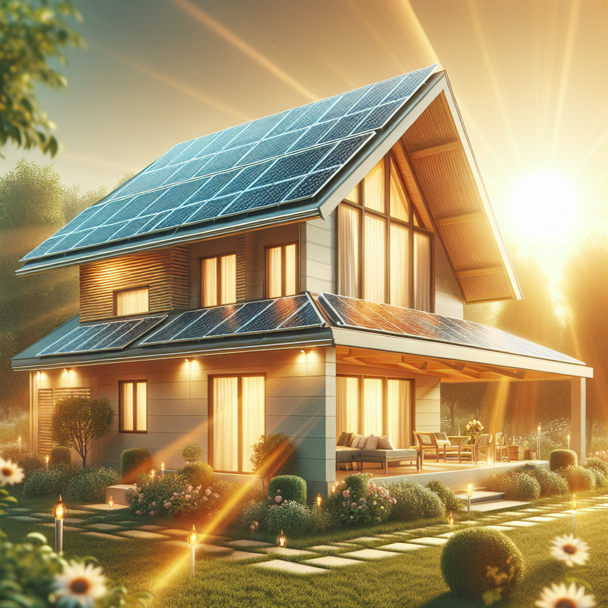 A modern eco-friendly home with solar panels on the roof, surrounded by a sunny day.