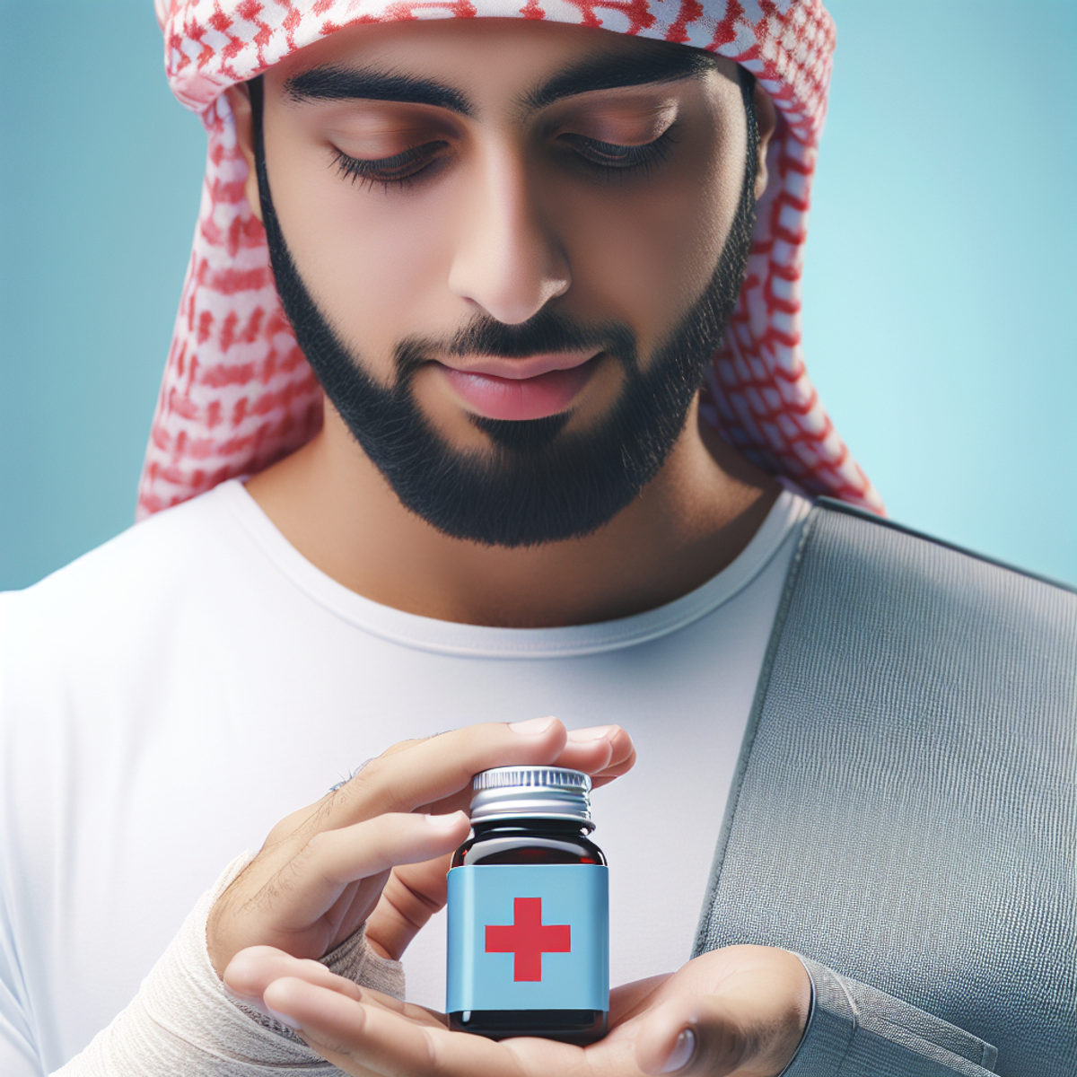 A Middle-Eastern male holding a small bottle of liquid pain reliever against a soothing blue background, expressing relief and gratitude. The bottle i