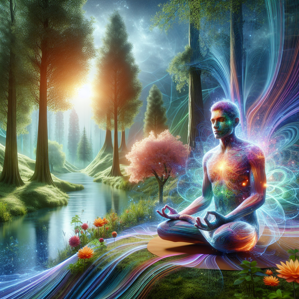 A person meditating in a serene natural environment with colorful energy waves surrounding them.