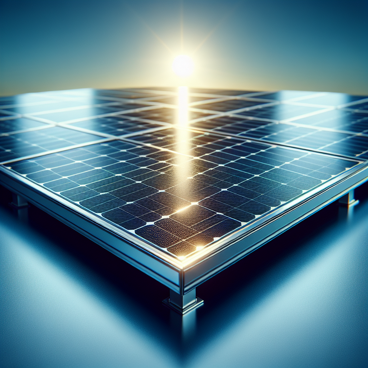 A close-up photo of a solar panel with photovoltaic cells, metallic frames, and a polished surface glistening under the sunlight against a clear blue