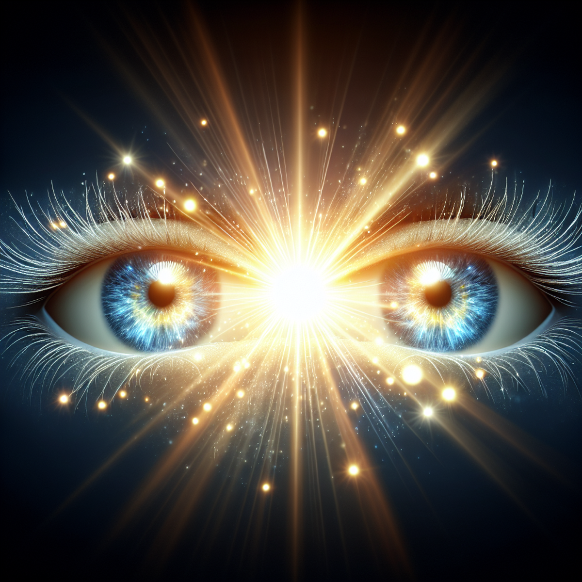 A close-up of vibrant, healthy eyes emanating a brilliant burst of light.