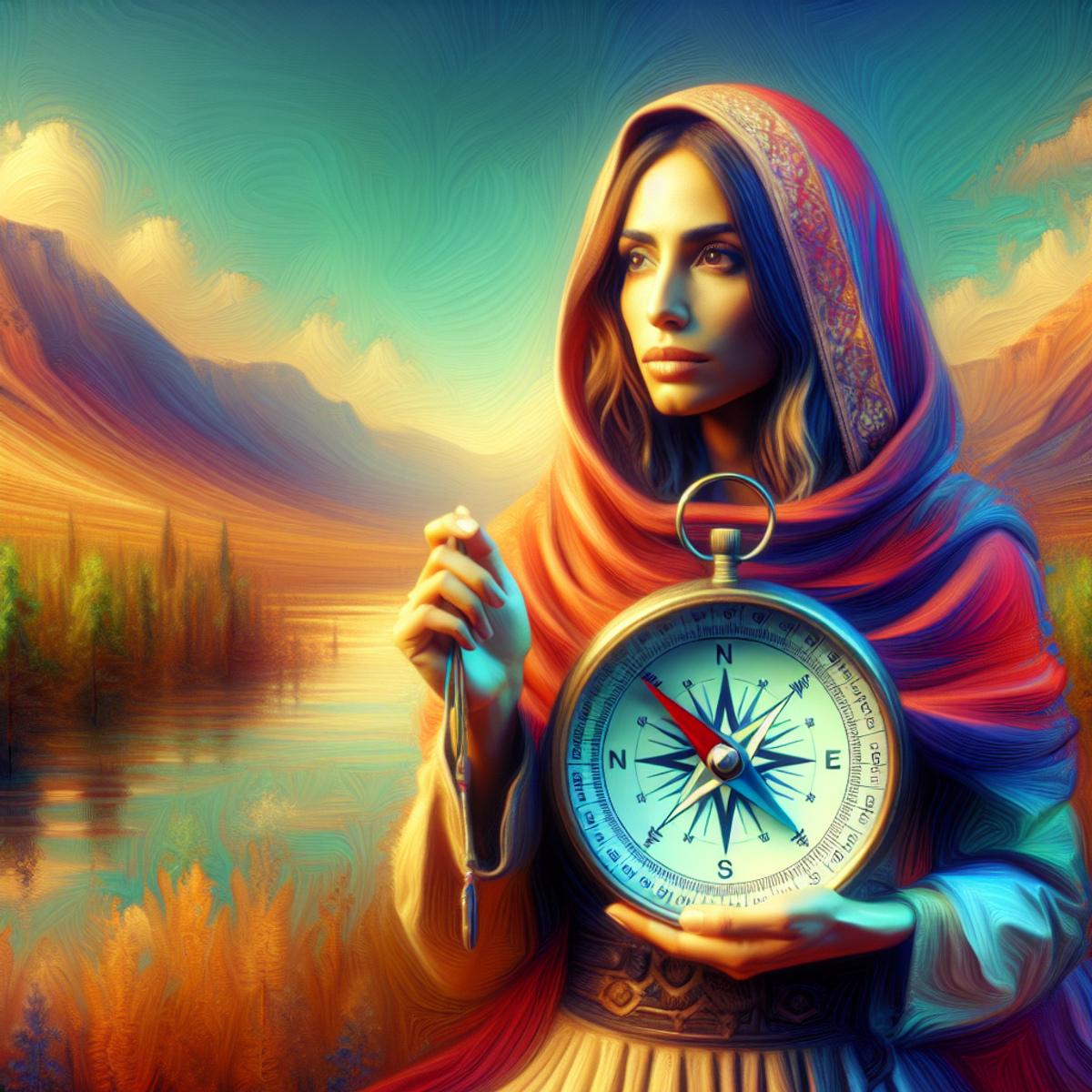 A Middle-Eastern woman holding a compass, exuding confidence and determination in her focused expression.