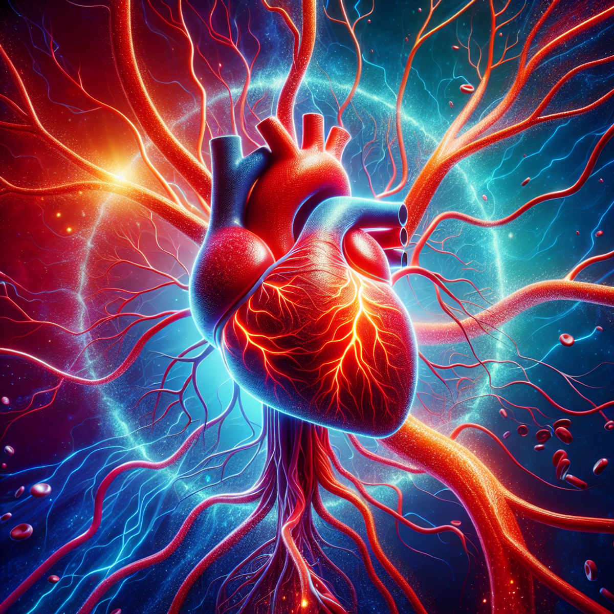 A vibrant, throbbing heart surrounded by a network of intricate blood vessels.