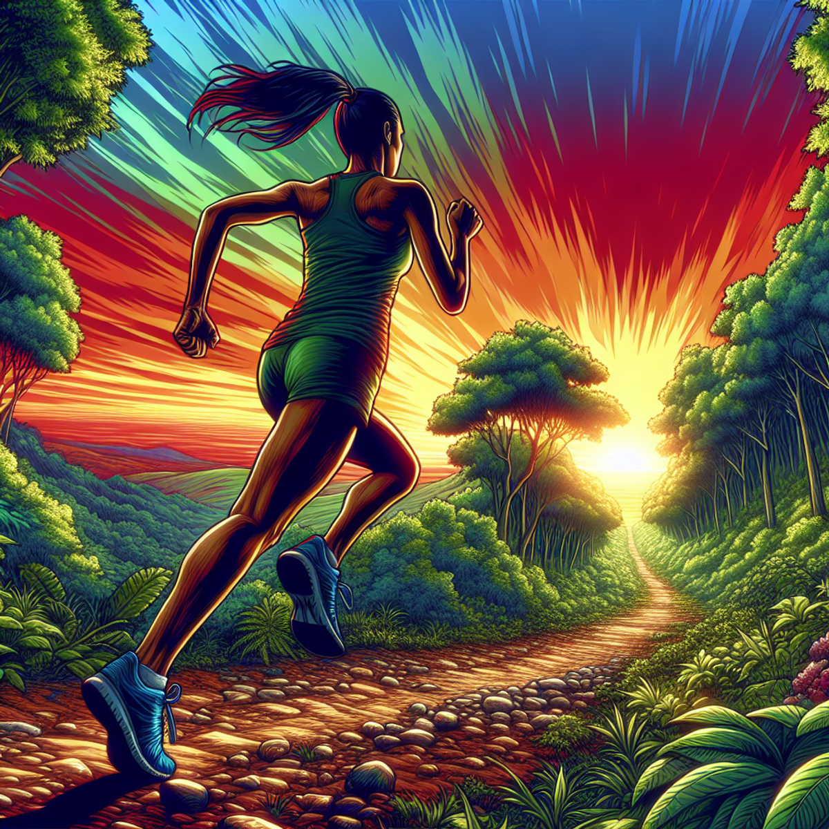 Hispanic female runner sprinting on forest trail at sunrise.