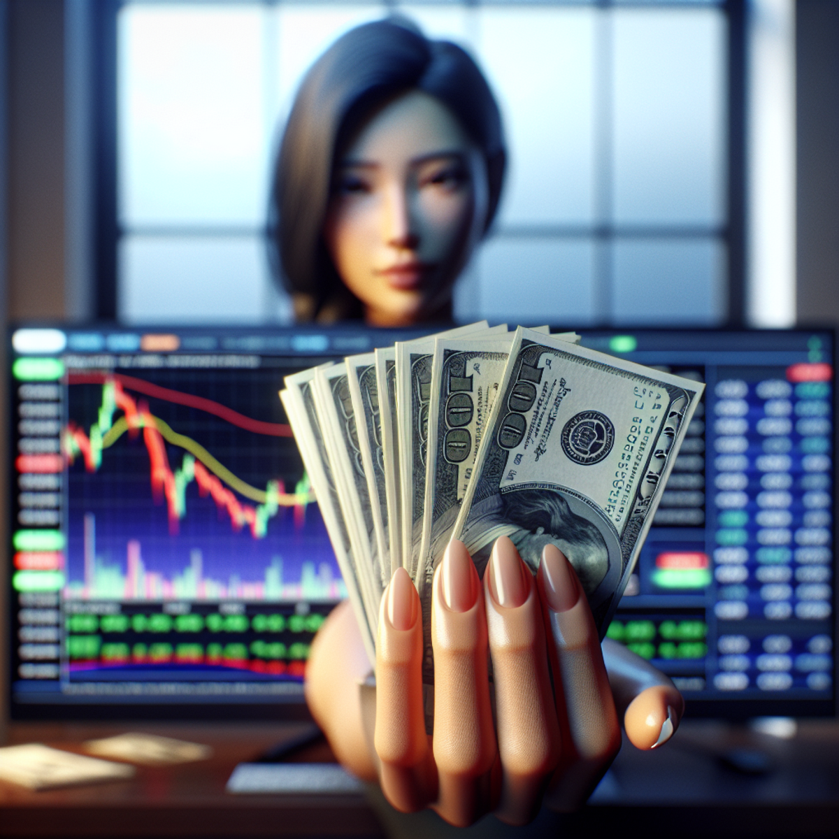 Close-up of a South Asian woman's hand holding a stack of US dollar bills with a trading chart on a computer screen in the background.