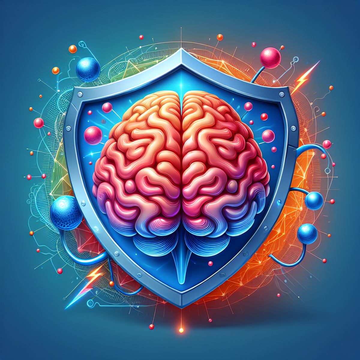 An image showing a vibrant and actively developing brain at the center, surrounded by a protective shield exuding a sense of security and defense.