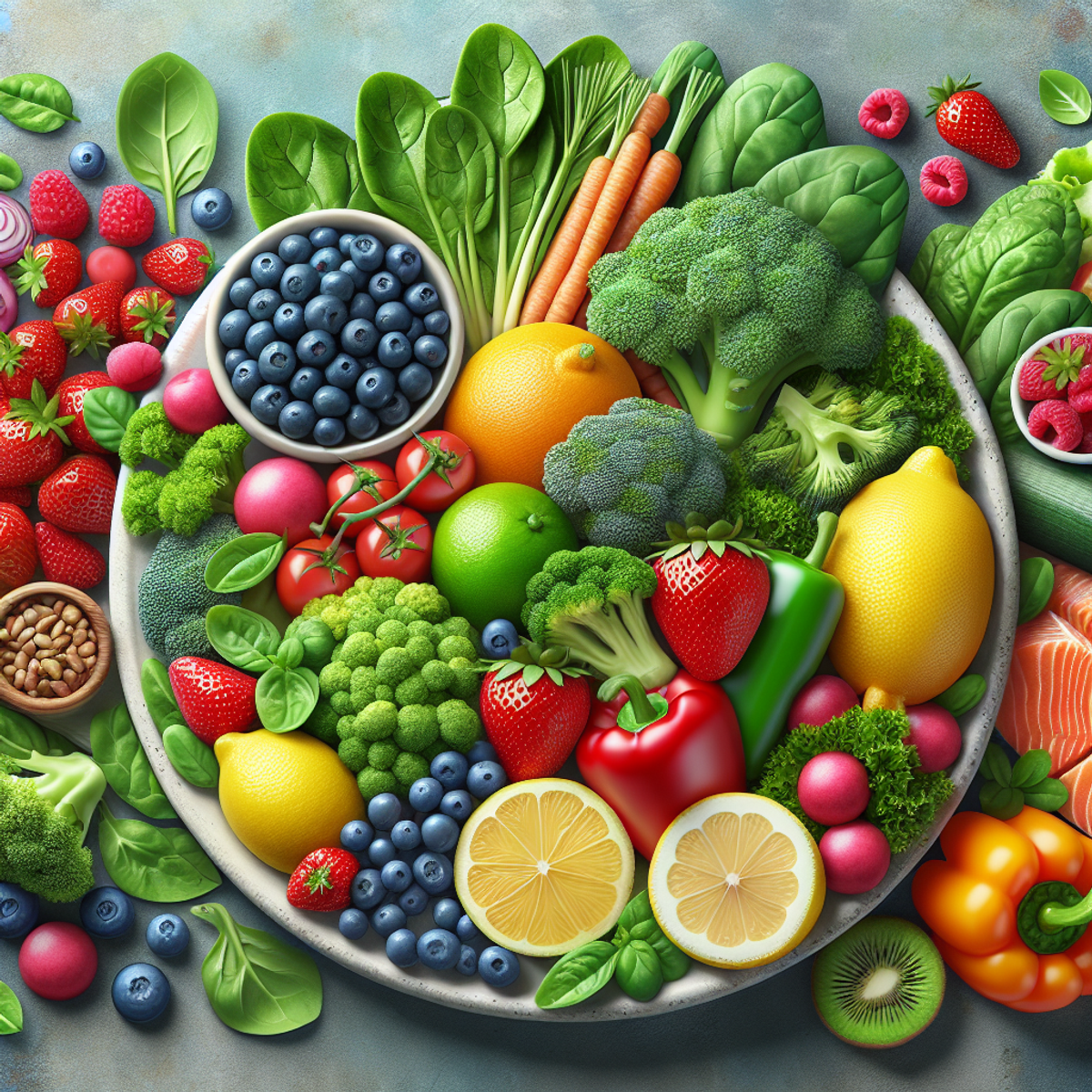 A plate filled with vibrant fruits, leafy greens, colorful vegetables, and lean proteins, showcasing a balanced diet for effective weight management.