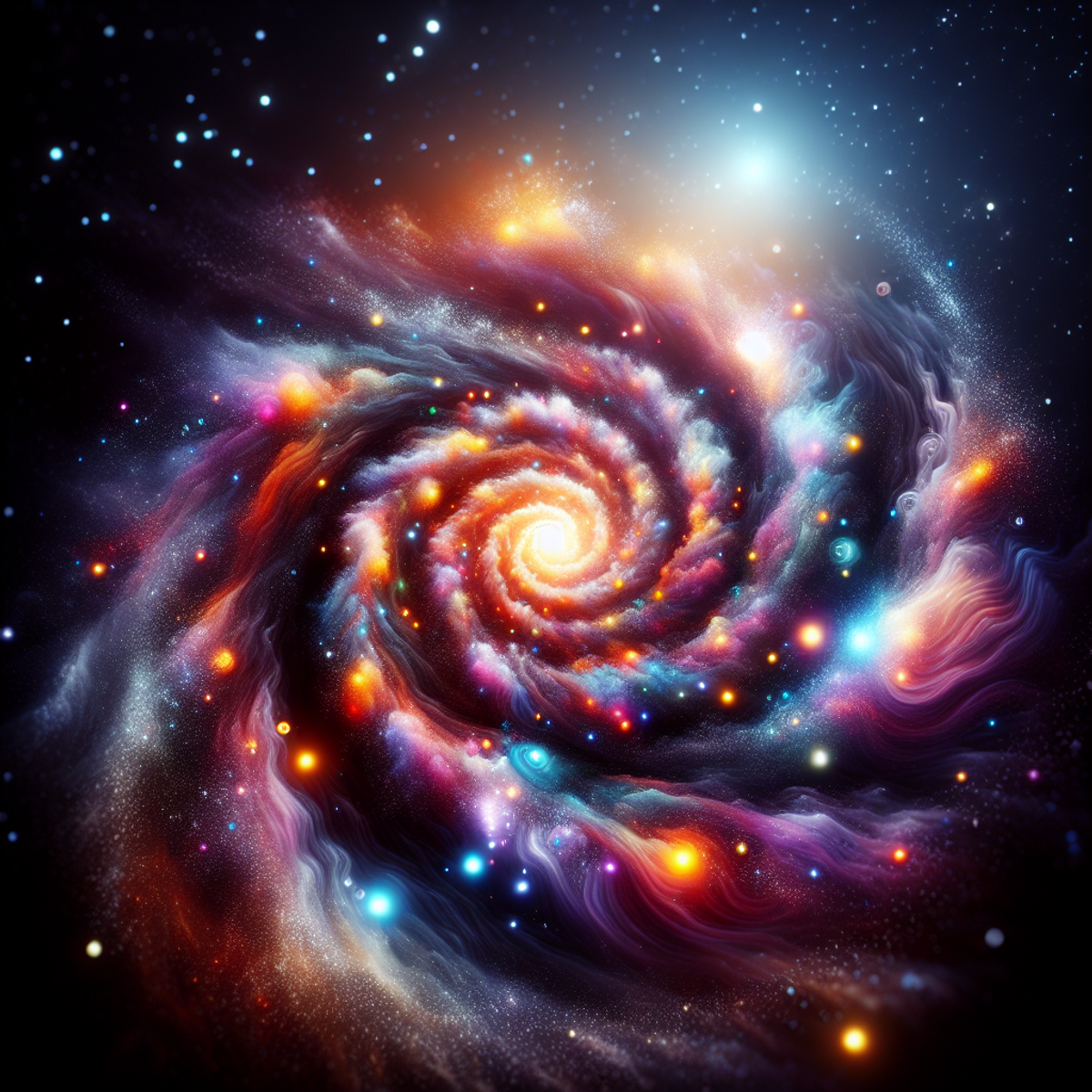 A swirling galaxy exploding with kaleidoscope of color representing different particles of energy.