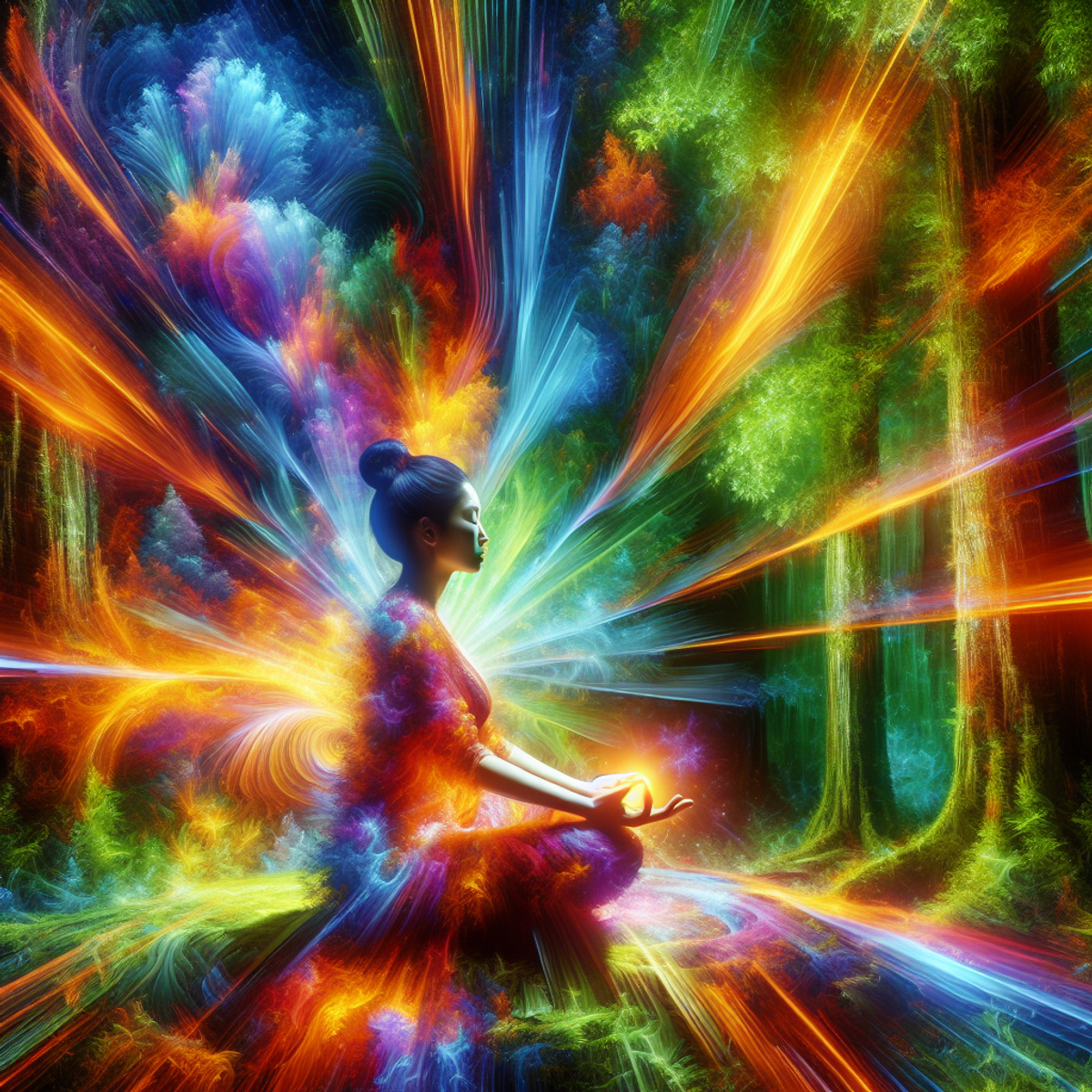 A woman meditating in a radiant natural environment, surrounded by colorful energy.