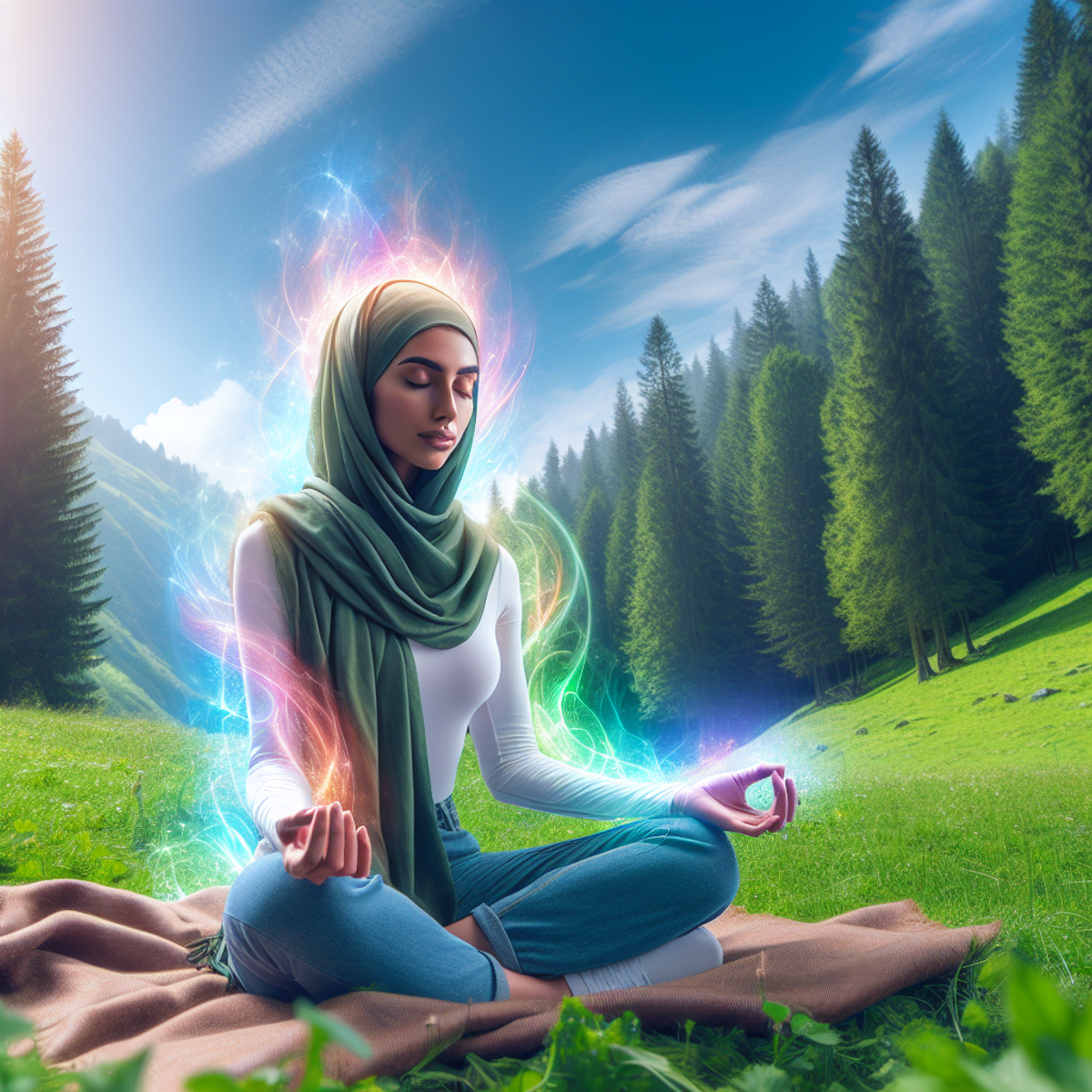 A Middle-Eastern woman meditating in a lush green meadow, surrounded by tall trees under a clear blue sky.