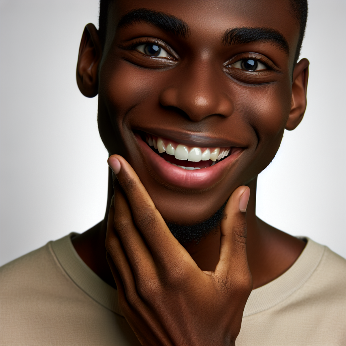 A close-up photo of a joyful Black man with bright eyes and a sense of relief on his face.