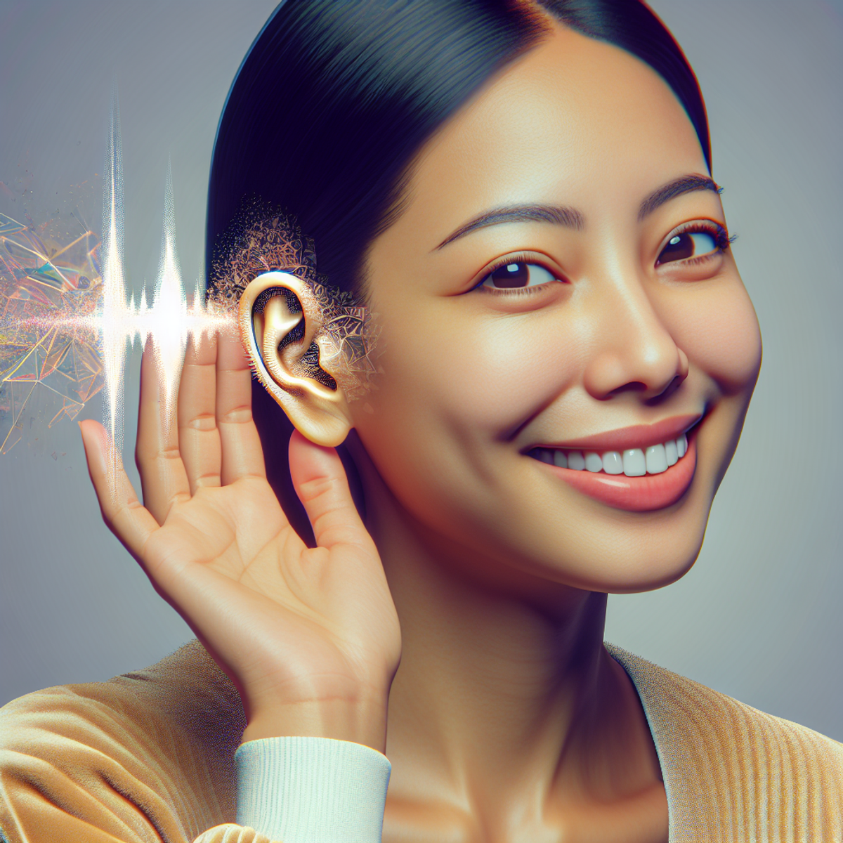 A happy South Asian woman cupping her hand around her ear with a warm smile, representing attentive listening and improved hearing. The image includes