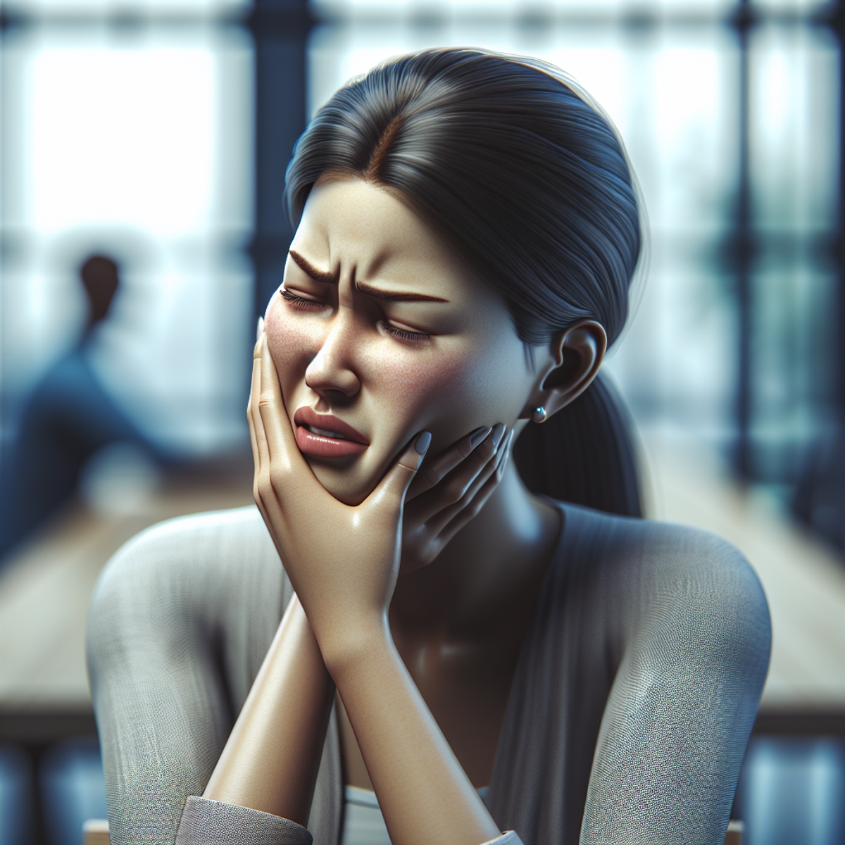 A South Asian woman sits at a desk, holding her jaw with a pained expression, symbolizing the impact of TMJ disorder on her daily life.