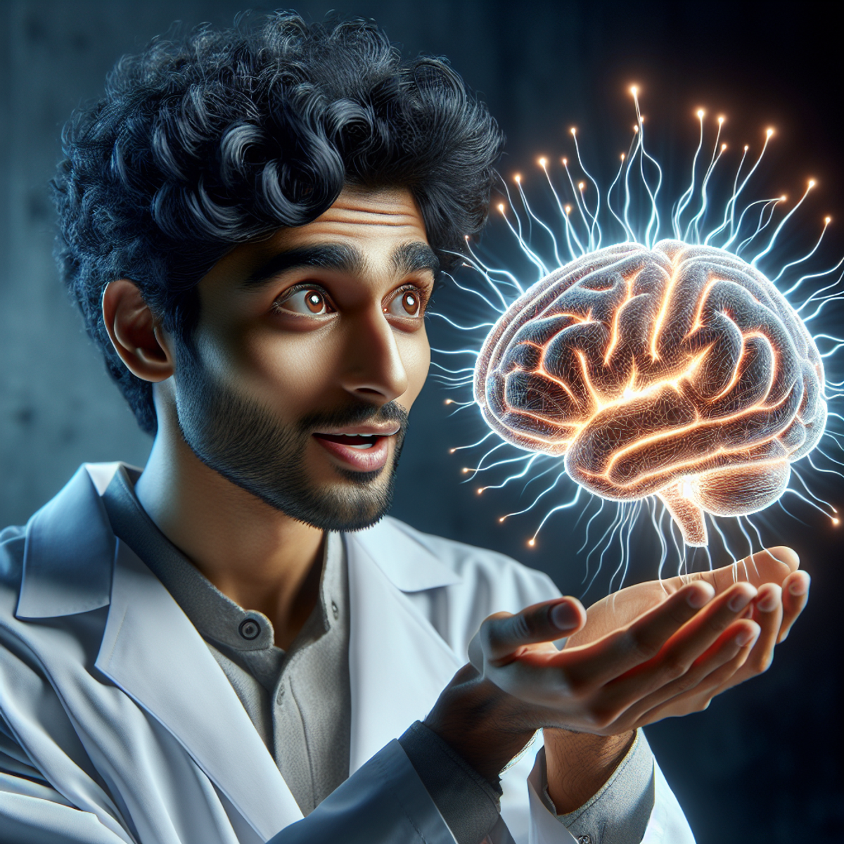 A South Asian man in a lab coat holding a glowing 3D brain model.