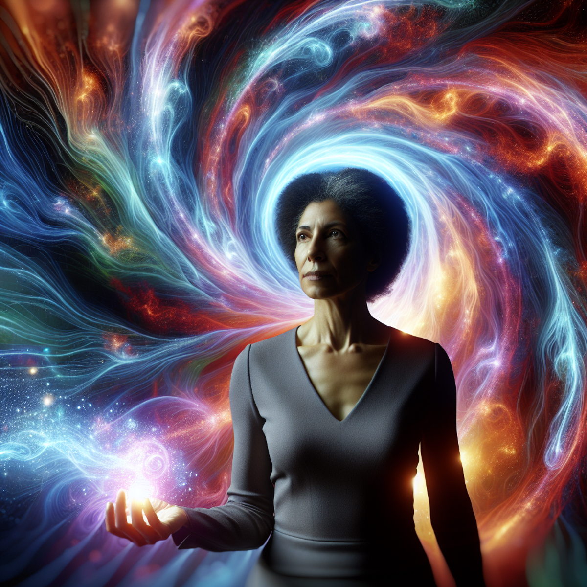 A middle-aged black woman stands confidently before a luminous, swirling vortex of various energetic colors, symbolizing the harmony and alignment of