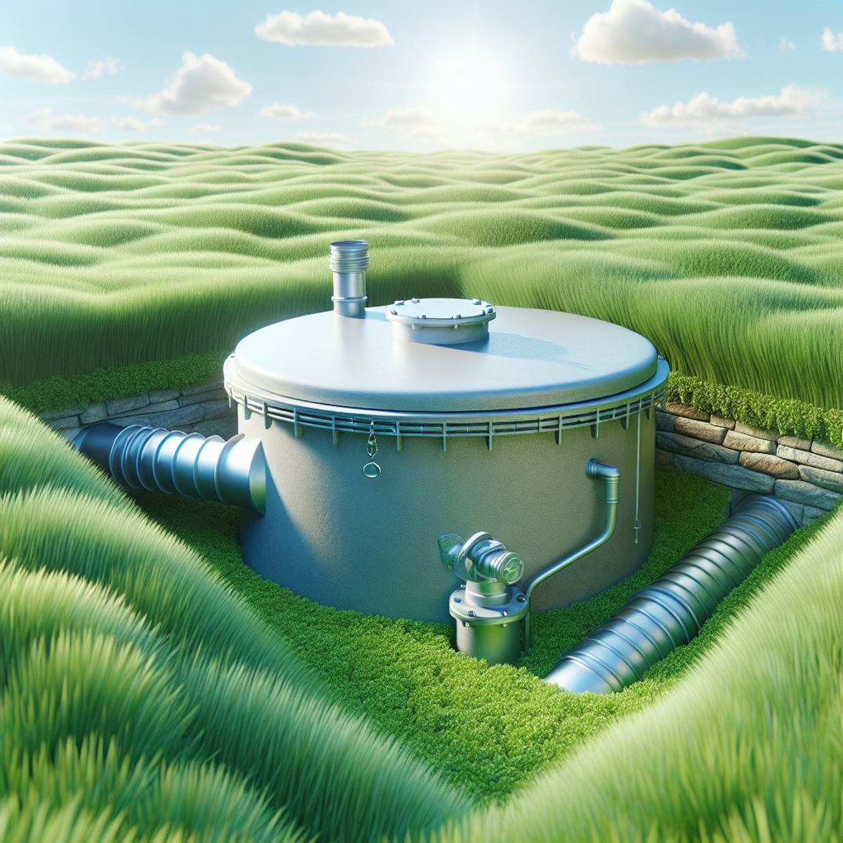 A septic tank surrounded by lush green grass under clear blue skies.