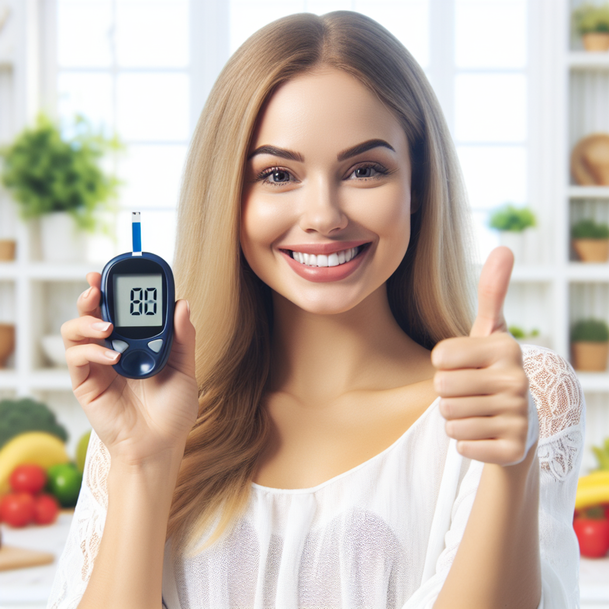 A woman smiling and holding a blood glucose meter, giving a thumbs up in front of a backdrop of a bright kitchen with fruits and vegetables on the tab