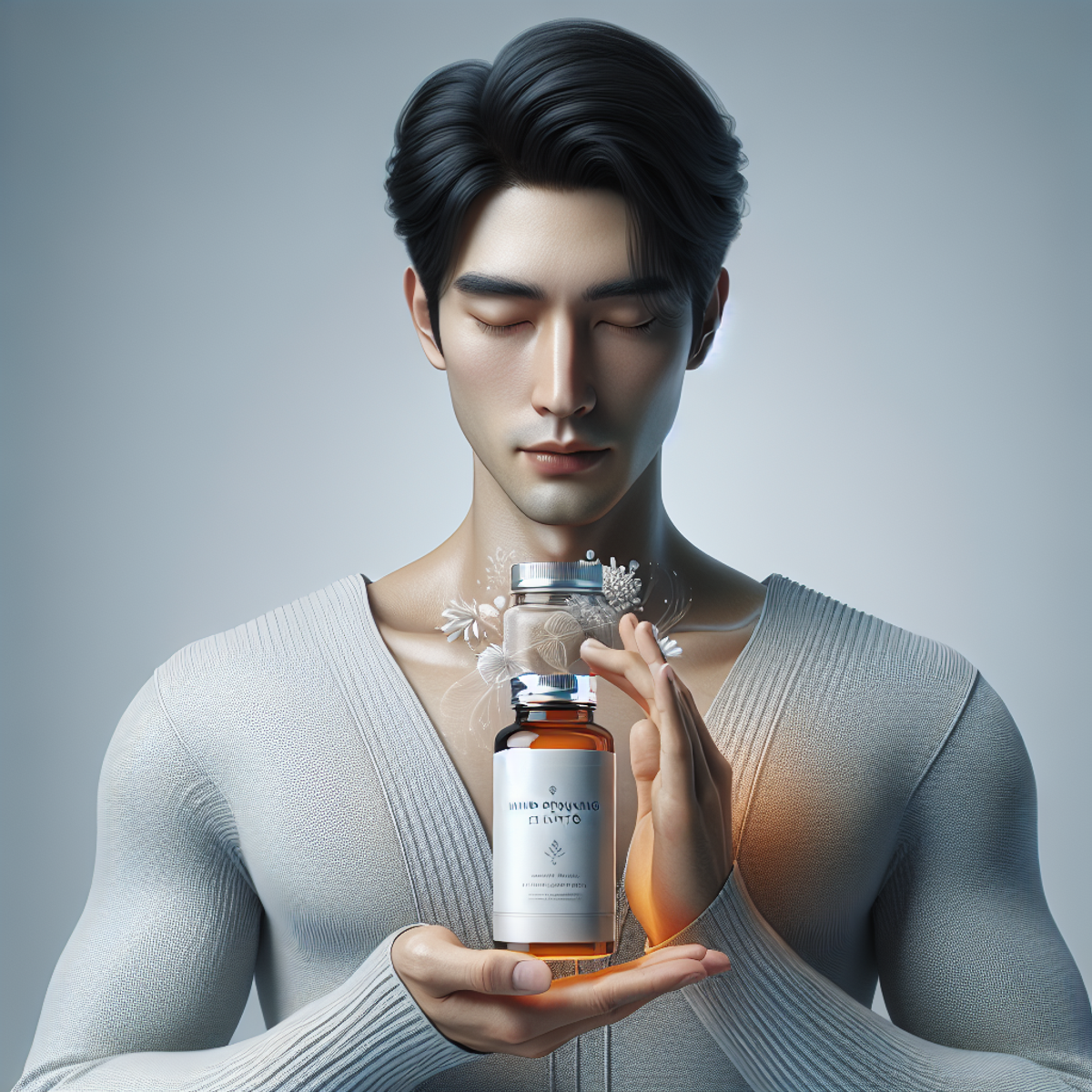 A serene Asian man gently holding a bottle of mind-enhancing elixir and an herbal remedy, exuding tranquility and confidence.