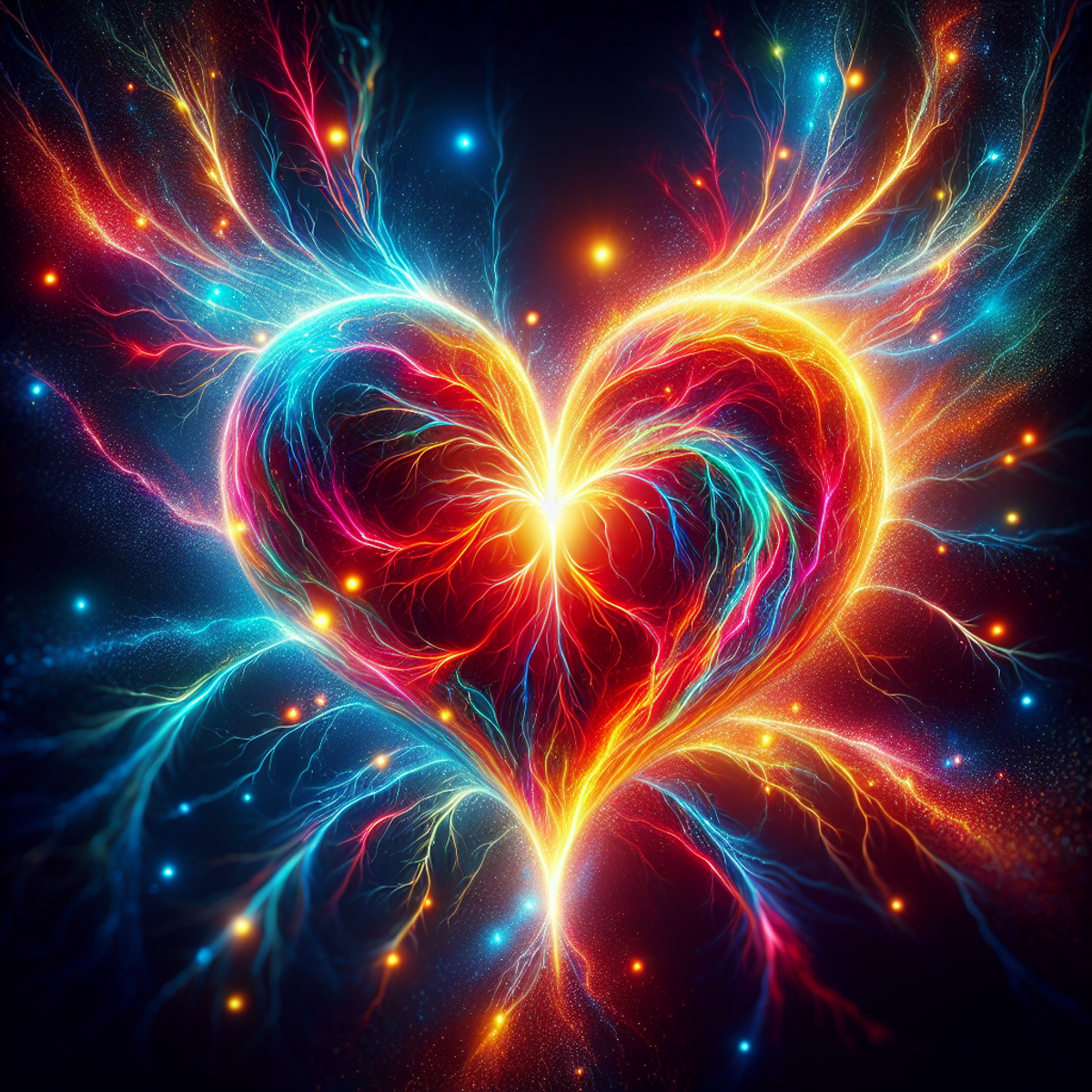 A vibrant, glowing heart pulsating with diverse and radiant colors, symbolizing the intense and harmonious energy of the Twin Flame connection.