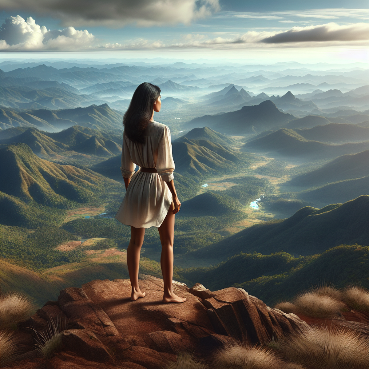 Serene and confident South Asian female standing on top of a majestic mountaintop, gazing over a sprawling landscape.