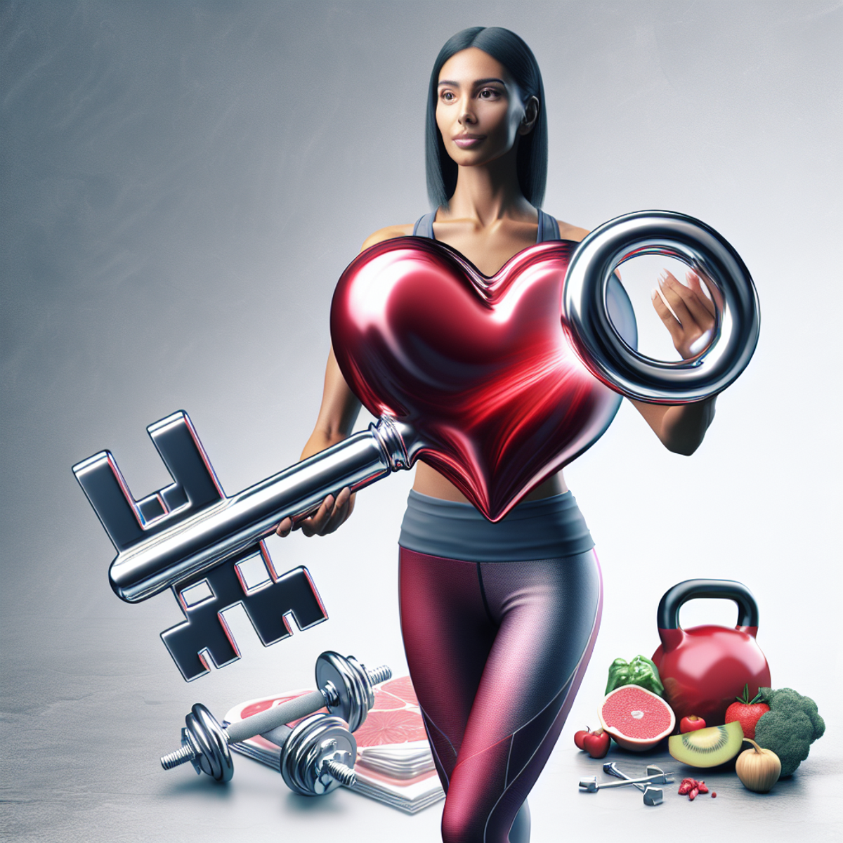 Alt text: A South Asian woman in active wear holding a giant silver key with a red heart-shaped end, symbolizing strength and endurance in managing he