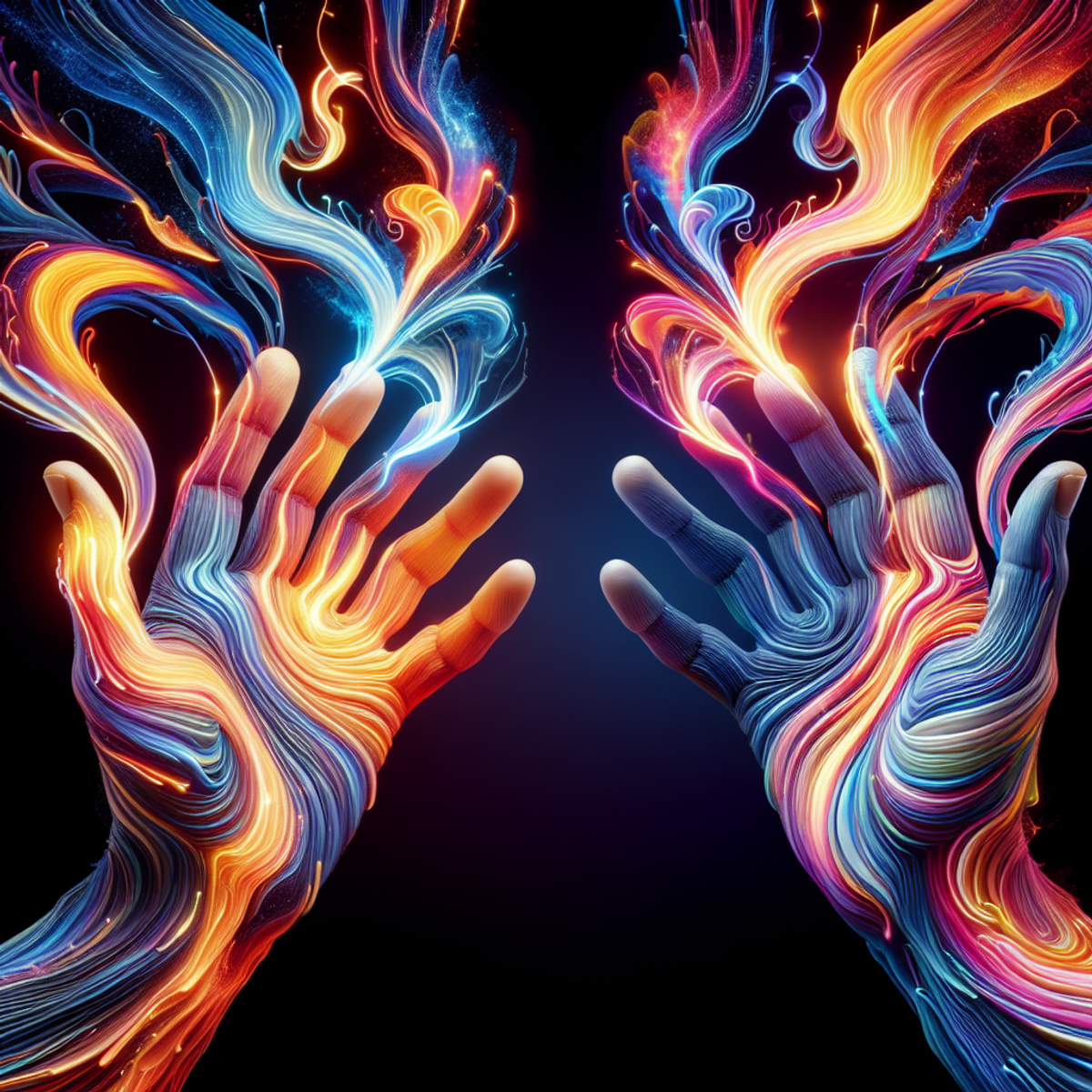 Two hands reaching towards each other with vibrant energy waves emanating from their fingertips.